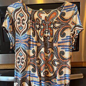 Chico's Brown Blue Geo Design Short Sleeve Knit Top 2 - L